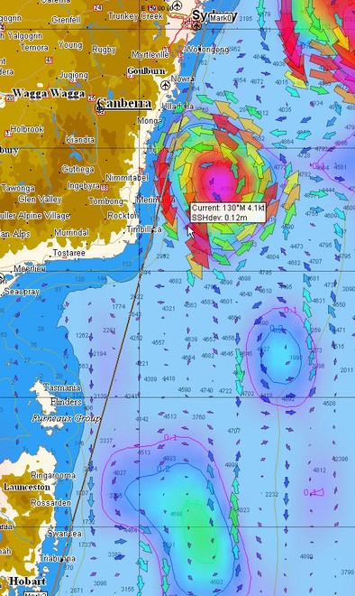 Strong Currents and large eddies are a common feature on the Sydney to Hobart racetrack   © Tidetech http://www.tidetech.org